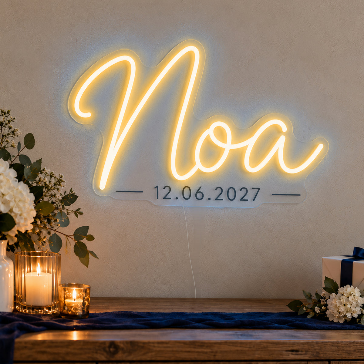Personalised Mitzvah Name Date Neon Sign in gold LED neon on clear acrylic, angled view