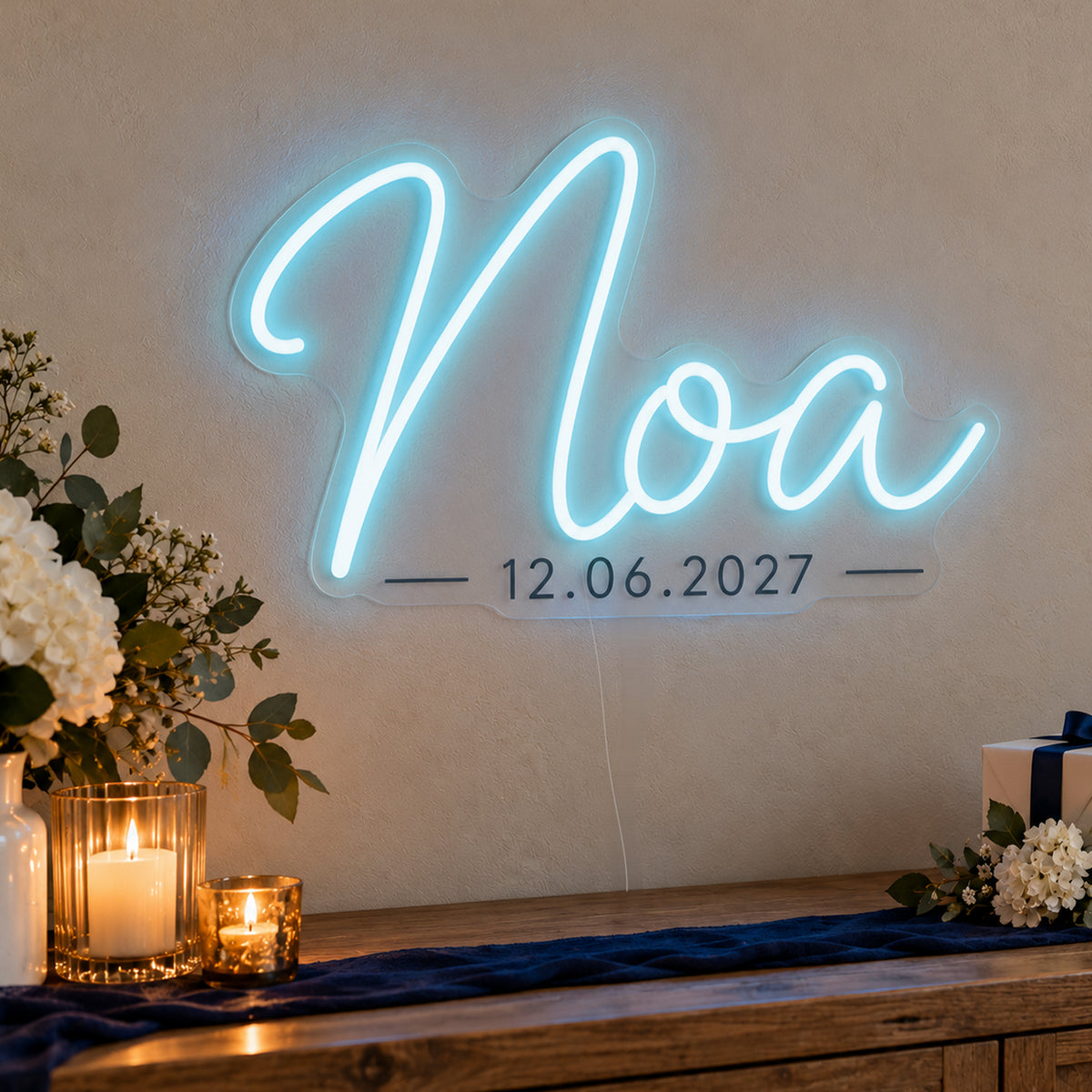 Personalised Mitzvah Name Date Neon Sign in ice blue LED neon on clear acrylic, angled view