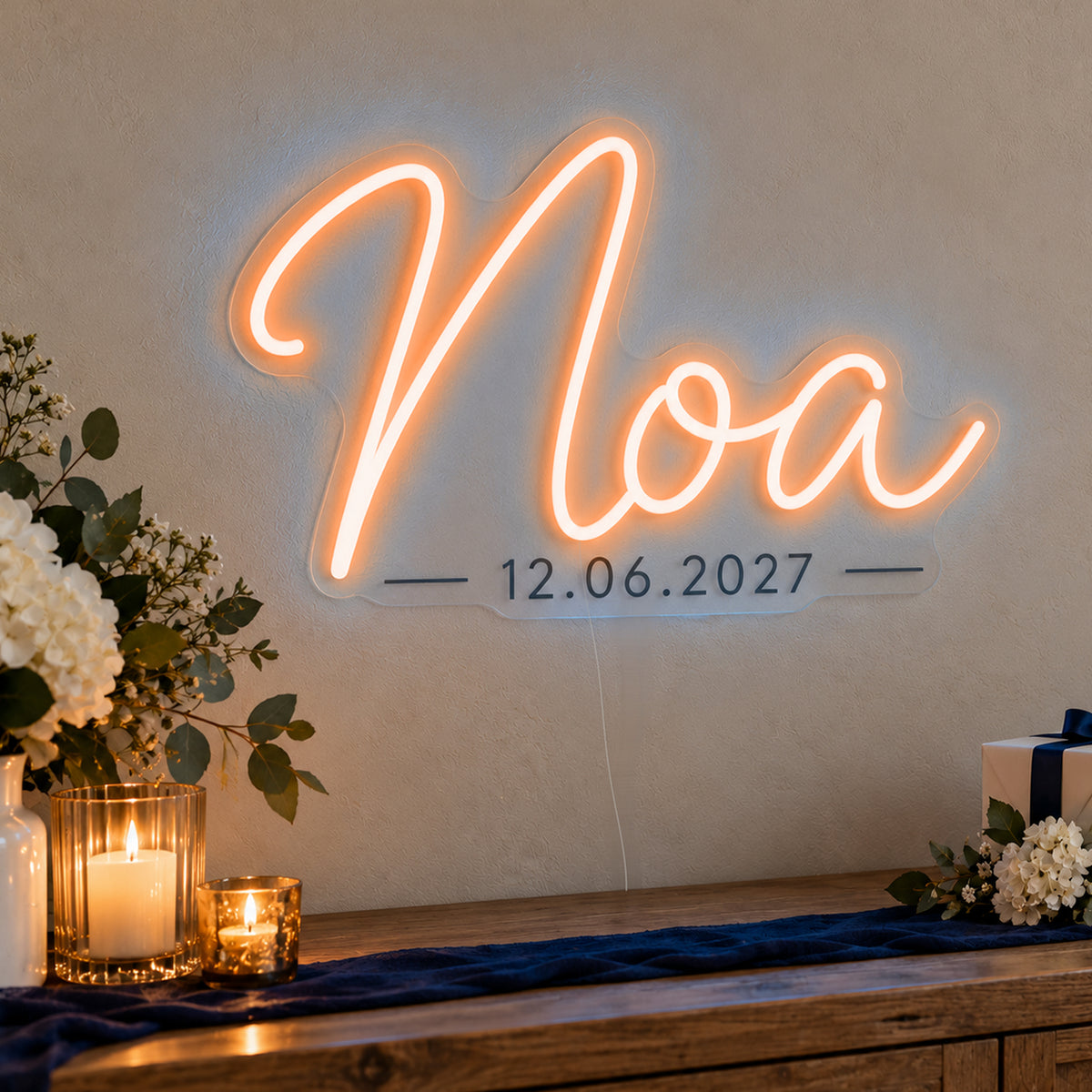 Personalised Mitzvah Name Date Neon Sign in orange LED neon on clear acrylic, angled view