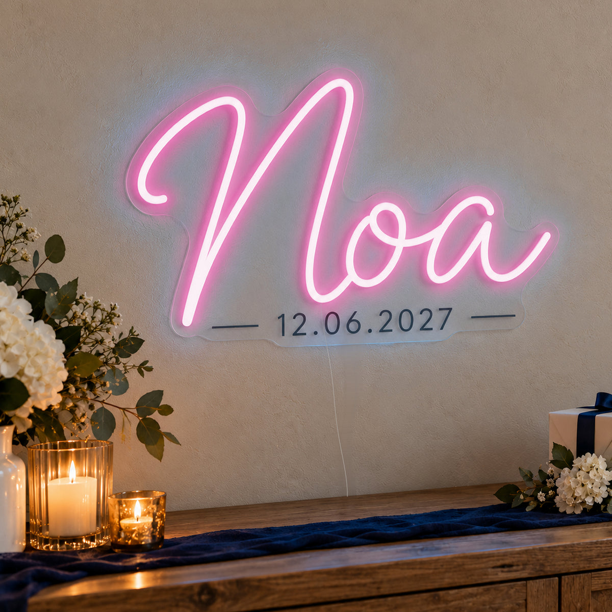 Personalised Mitzvah Name Date Neon Sign in pink LED neon on clear acrylic, angled view