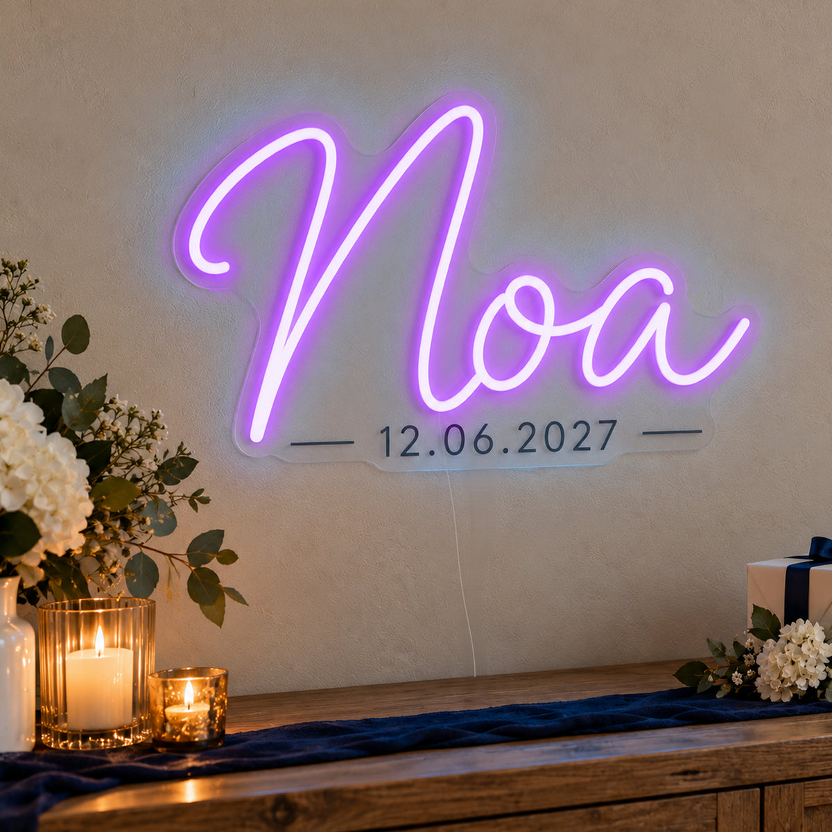 Personalised Mitzvah Name Date Neon Sign in purple LED neon on clear acrylic, angled view