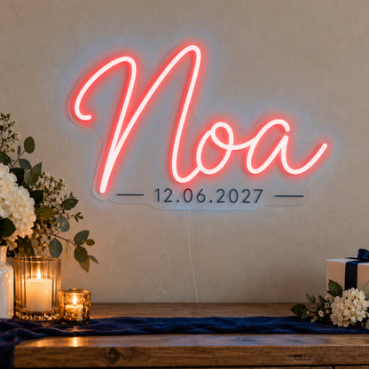 Personalised Mitzvah Name Date Neon Sign in red LED neon on clear acrylic, angled view