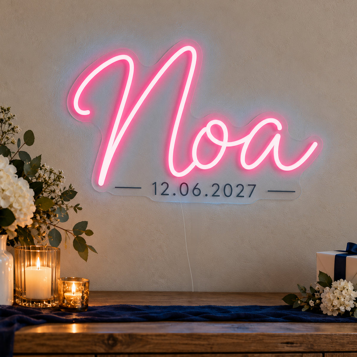 Personalised Mitzvah Name Date Neon Sign in rose red LED neon on clear acrylic, angled view