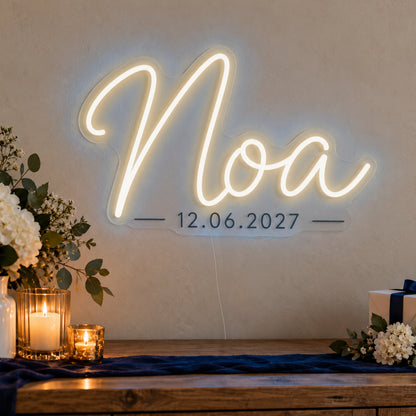 Personalised Mitzvah Name Date Neon Sign in warm white LED neon on clear acrylic, angled view