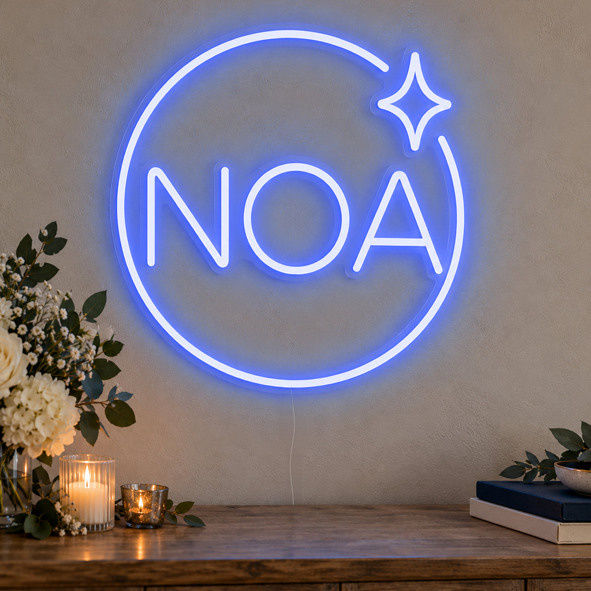 Personalised Mitzvah Party Logo Neon Sign in blue LED neon on clear acrylic, angled view