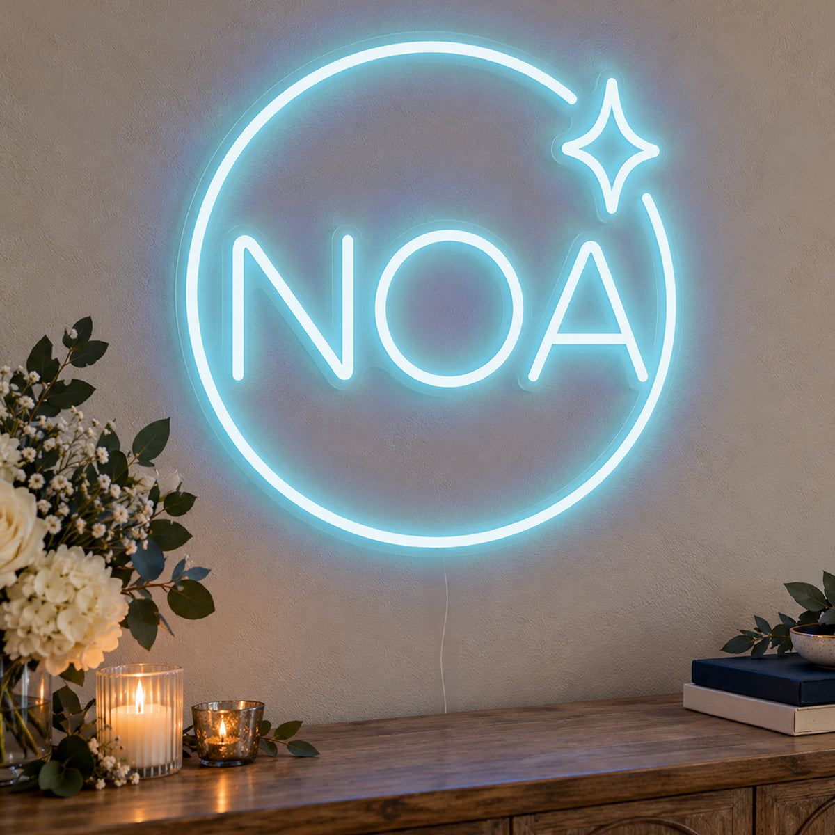Personalised Mitzvah Party Logo Neon Sign in ice blue LED neon on clear acrylic, angled view