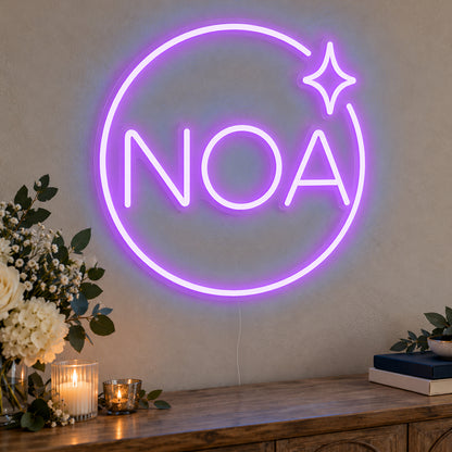 Personalised Mitzvah Party Logo Neon Sign in purple LED neon on clear acrylic, angled view