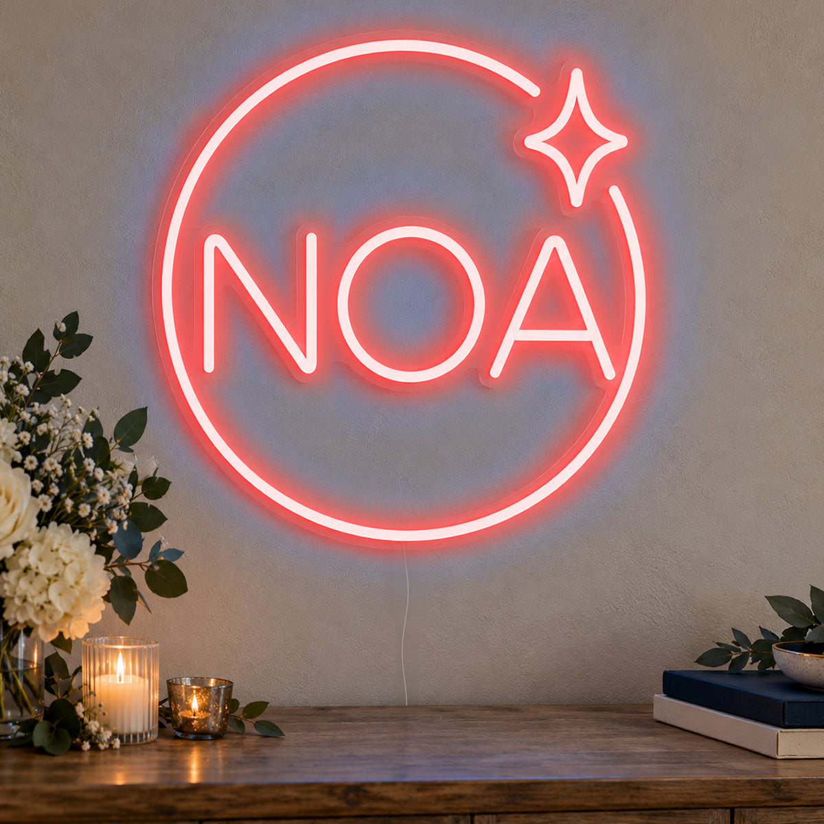 Personalised Mitzvah Party Logo Neon Sign in red LED neon on clear acrylic, angled view