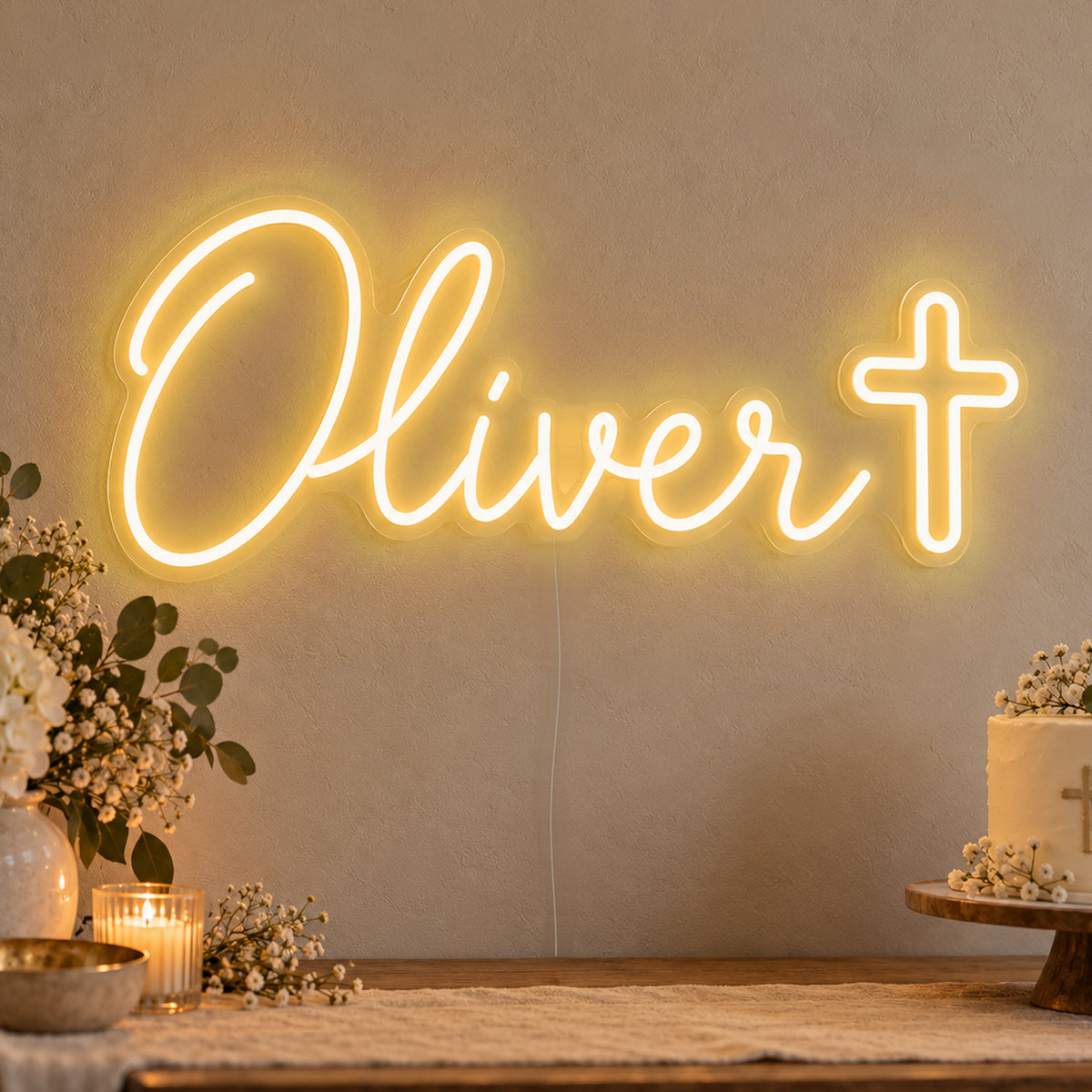 Personalised Name Cross Neon Sign in gold LED neon on clear acrylic, angled view
