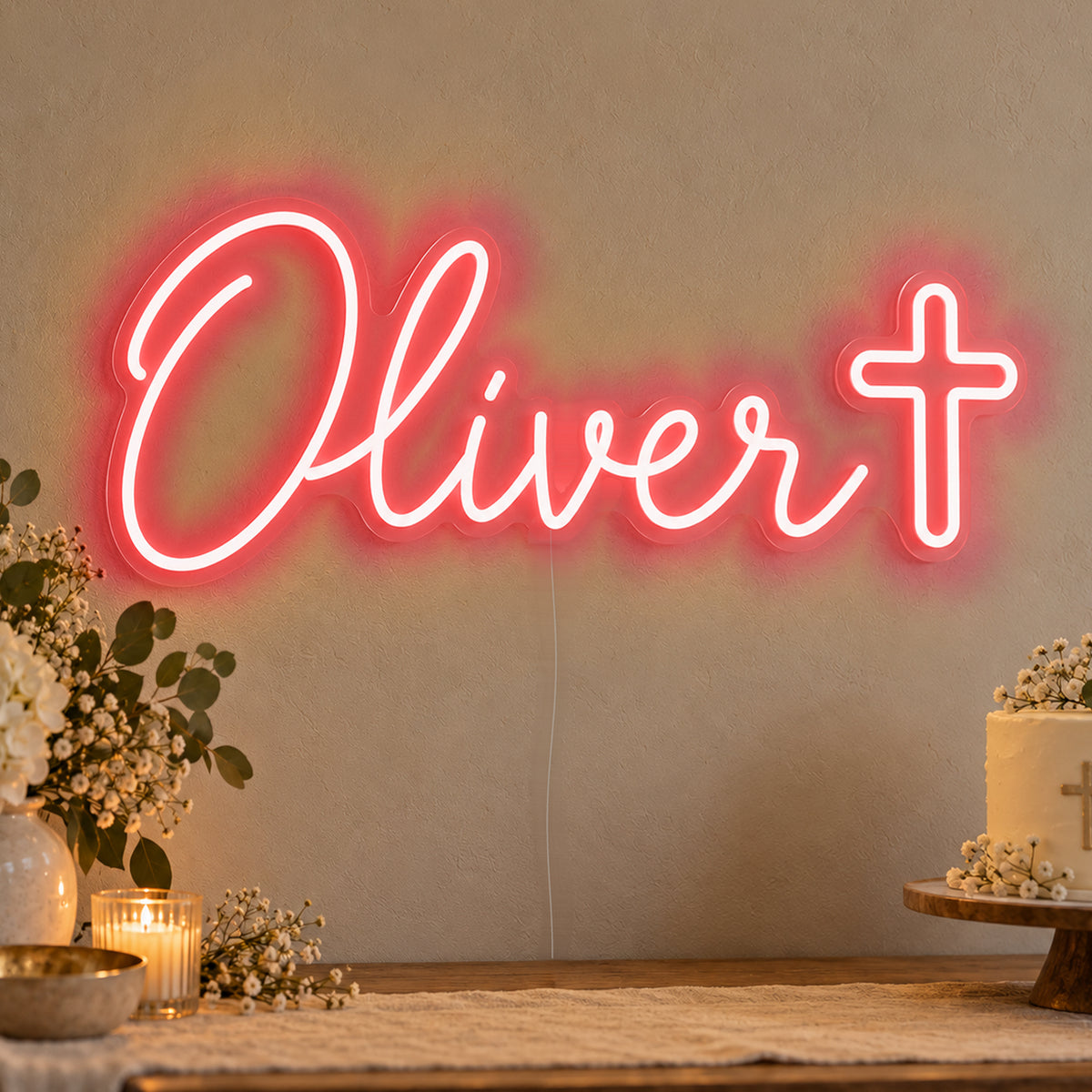 Personalised Name Cross Neon Sign in red LED neon on clear acrylic, angled view