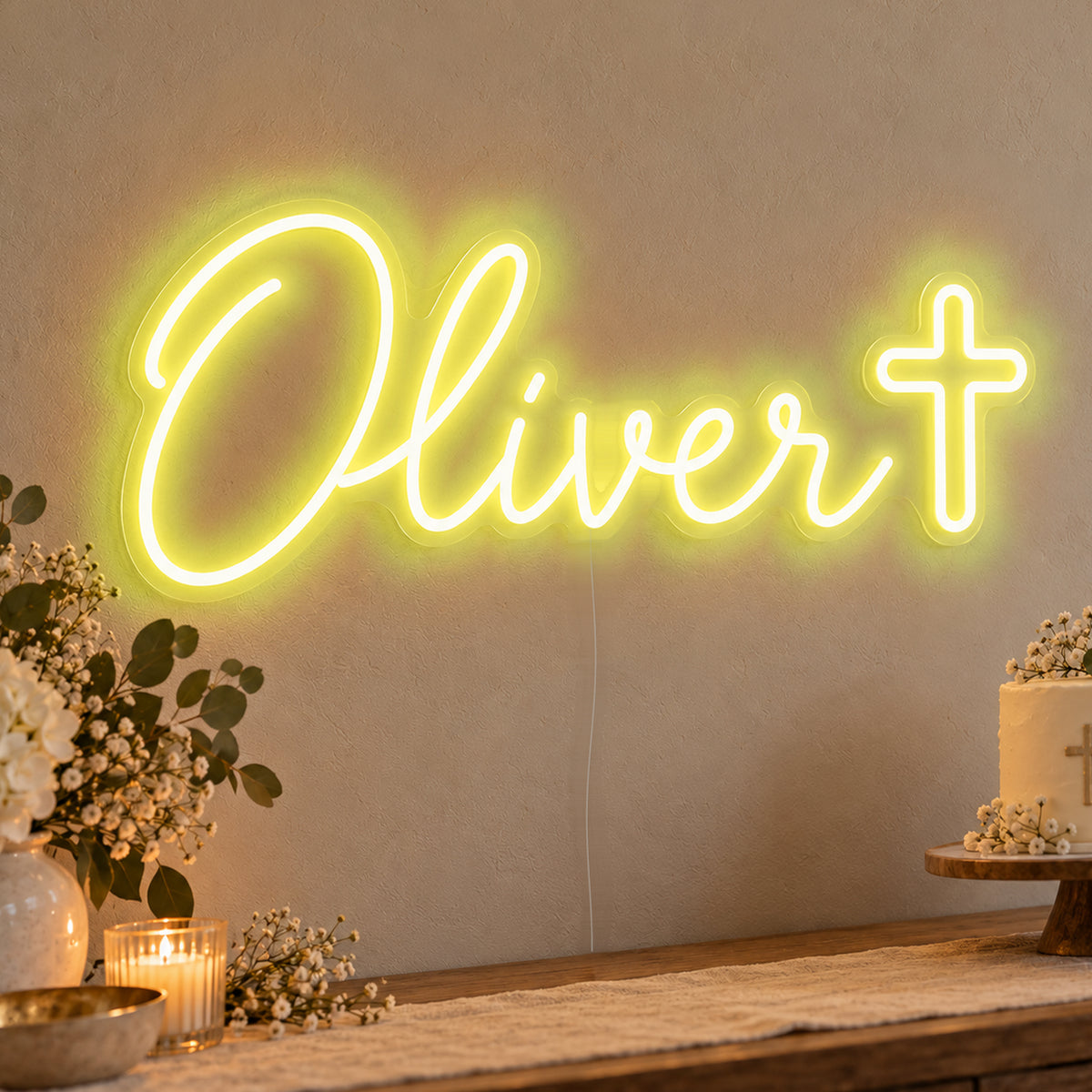 Personalised Name Cross Neon Sign in yellow LED neon on clear acrylic, angled view