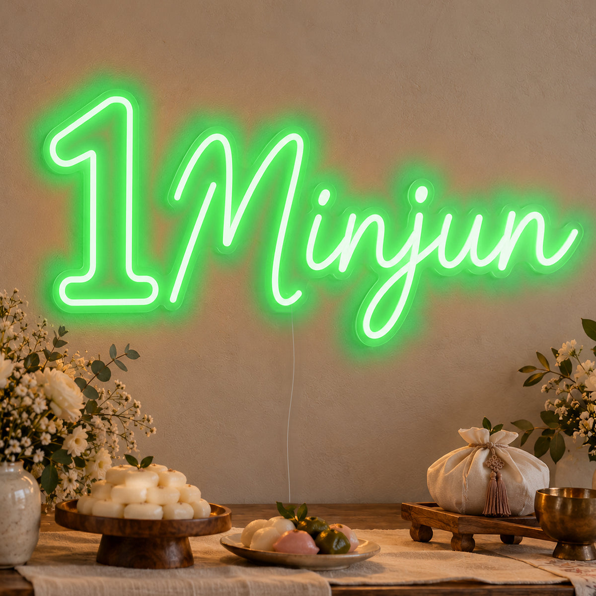 Personalised Name One Neon Sign in green LED neon on clear acrylic, angled view