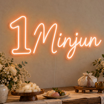 Personalised Name One Neon Sign in orange LED neon on clear acrylic, angled view