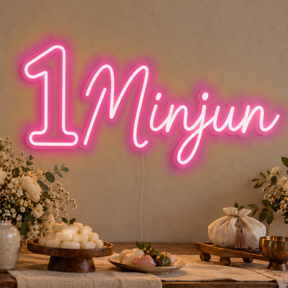 Personalised Name One Neon Sign in rose red LED neon on clear acrylic, angled view