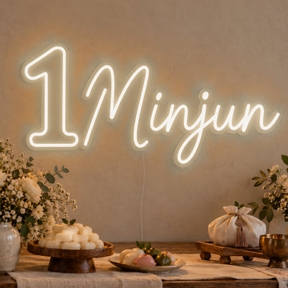 Personalised Name One Neon Sign in warm white LED neon on clear acrylic, angled view