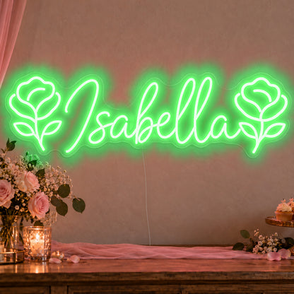 Personalised Name Roses Neon Sign in green LED neon on clear acrylic, angled view