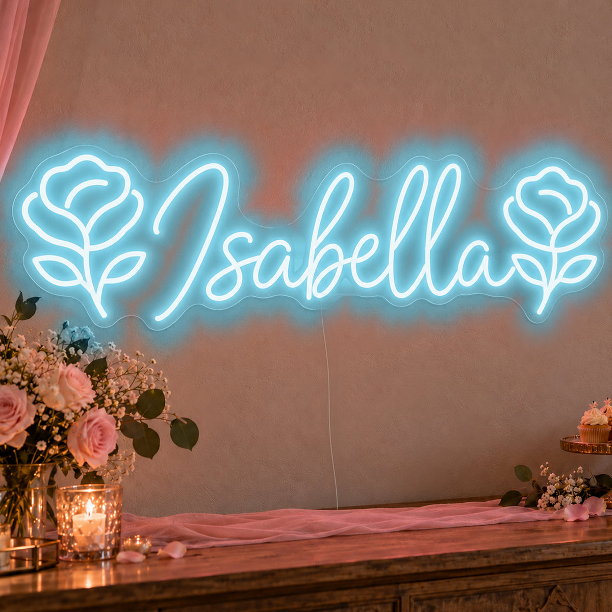 Personalised Name Roses Neon Sign in ice blue LED neon on clear acrylic, angled view