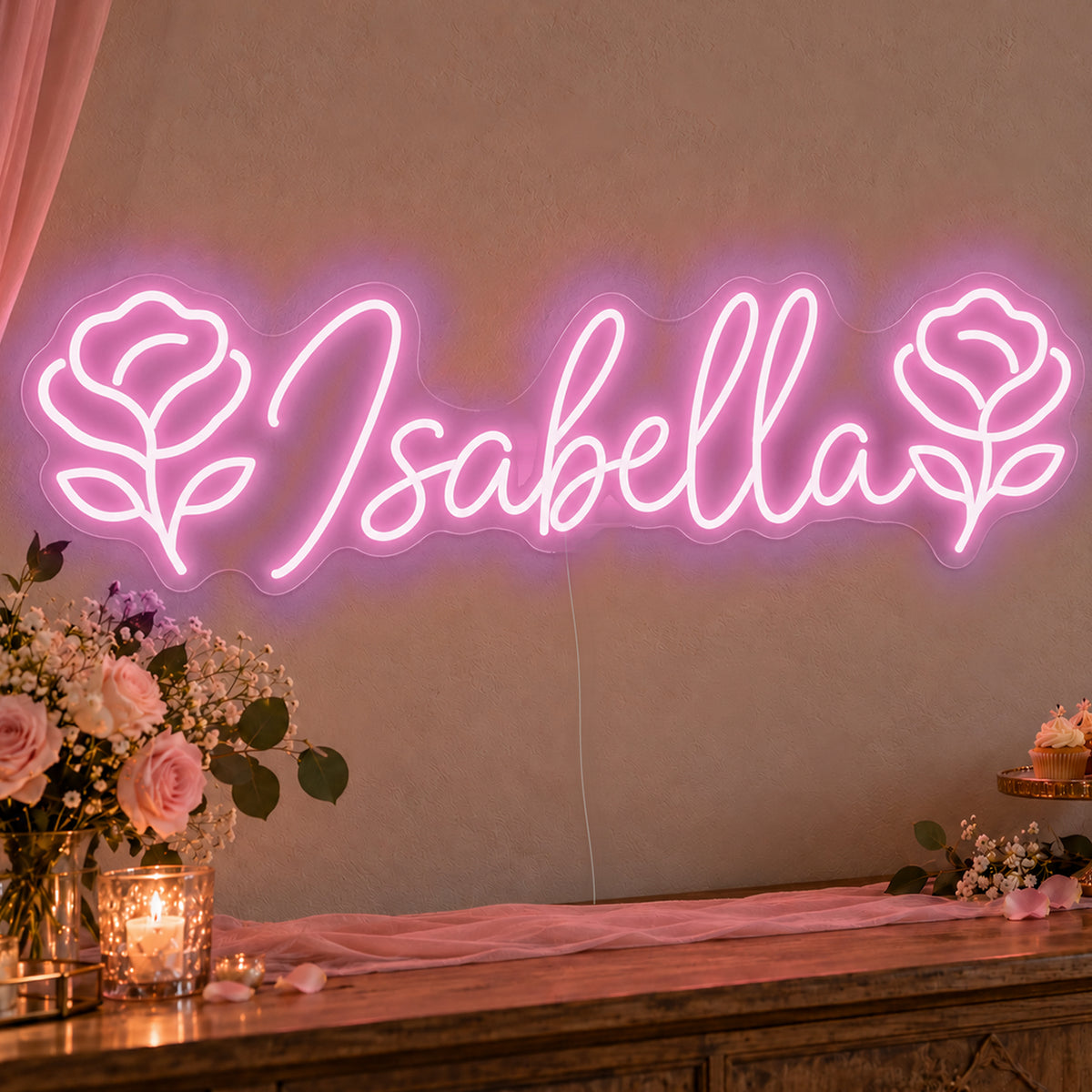 Personalised Name Roses Neon Sign in pink LED neon on clear acrylic, angled view