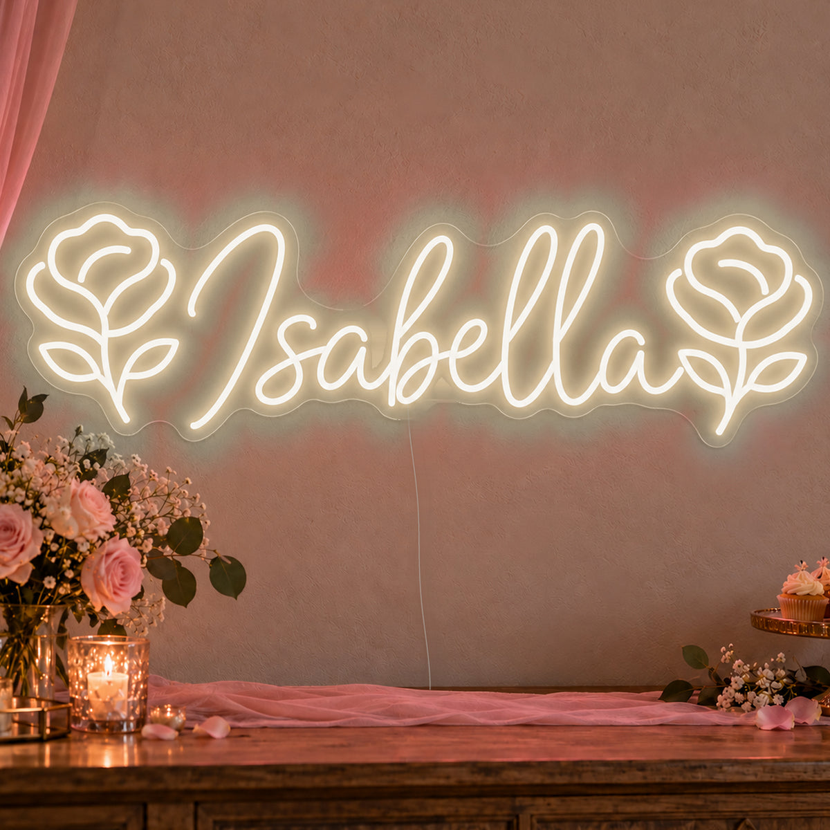 Personalised Name Roses Neon Sign in warm white LED neon on clear acrylic, angled view