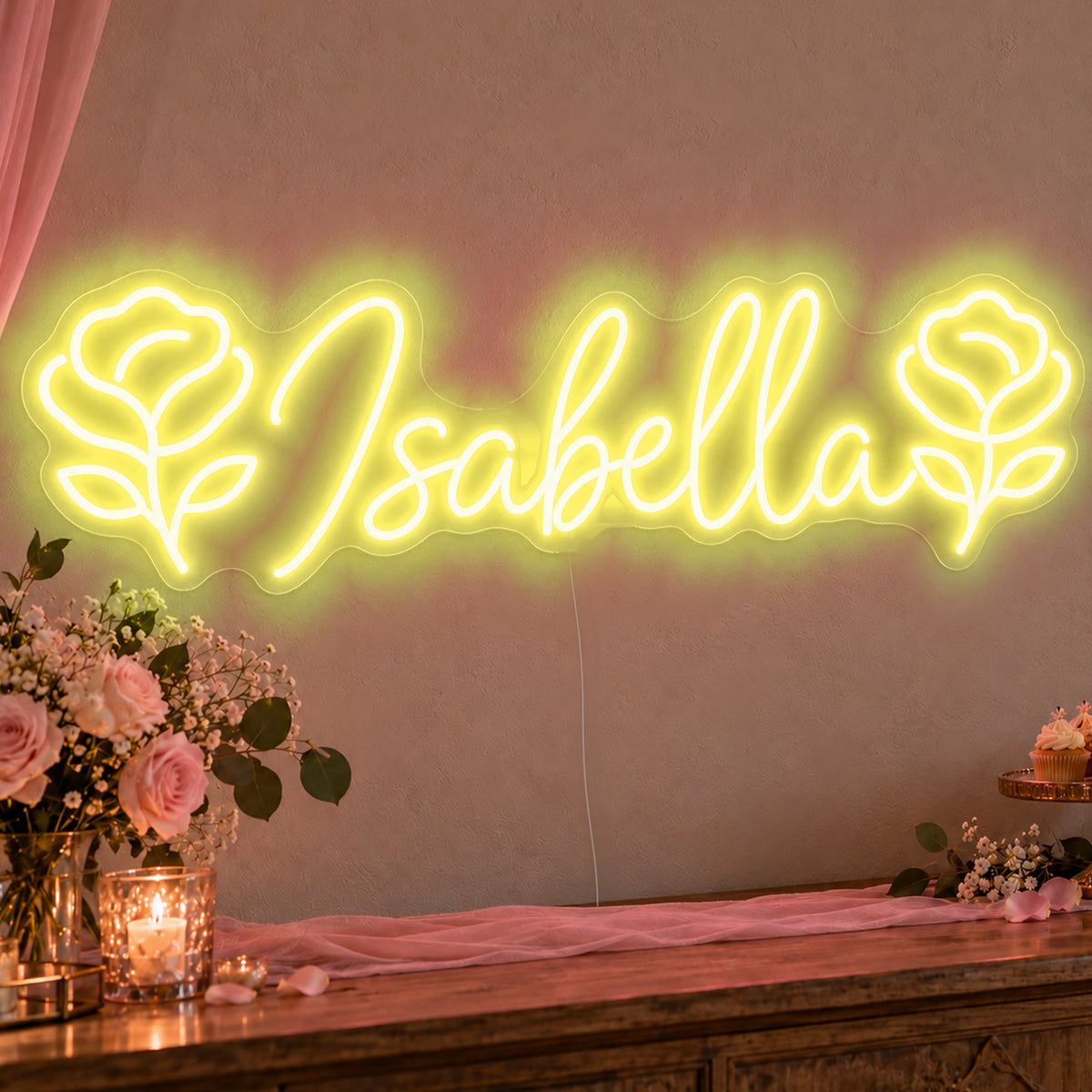 Personalised Name Roses Neon Sign in yellow LED neon on clear acrylic, angled view