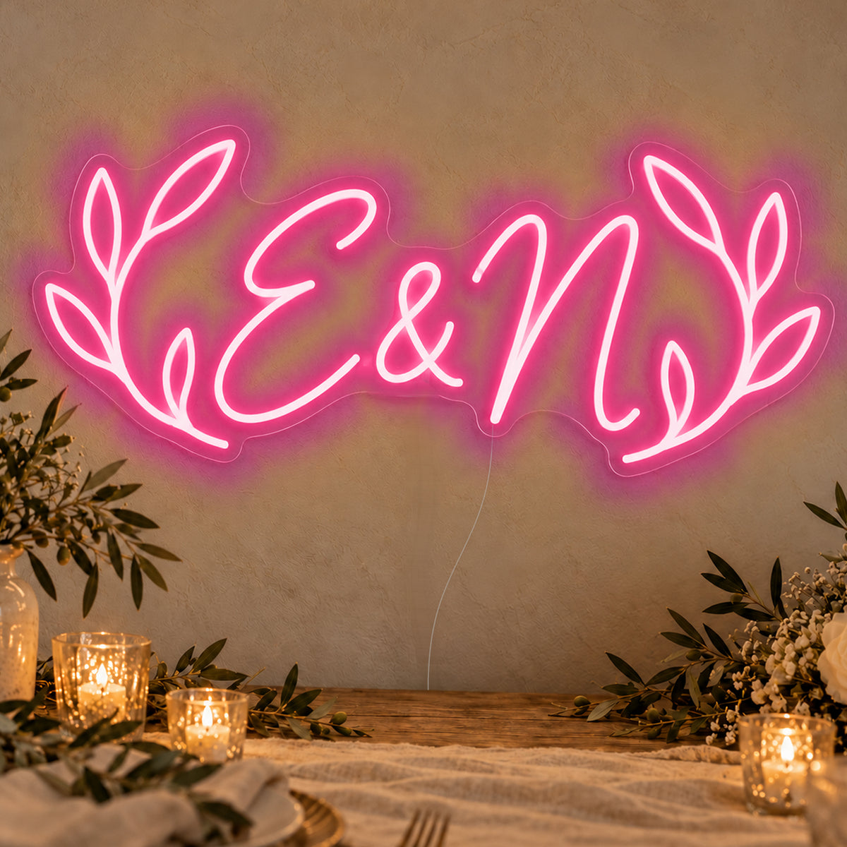 Personalised Olive Initials Neon Sign in rose red LED neon on clear acrylic, angled view