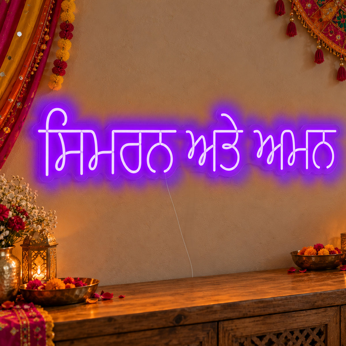 Personalised Punjabi Couple Names Neon Sign in purple LED neon on clear acrylic, angled view