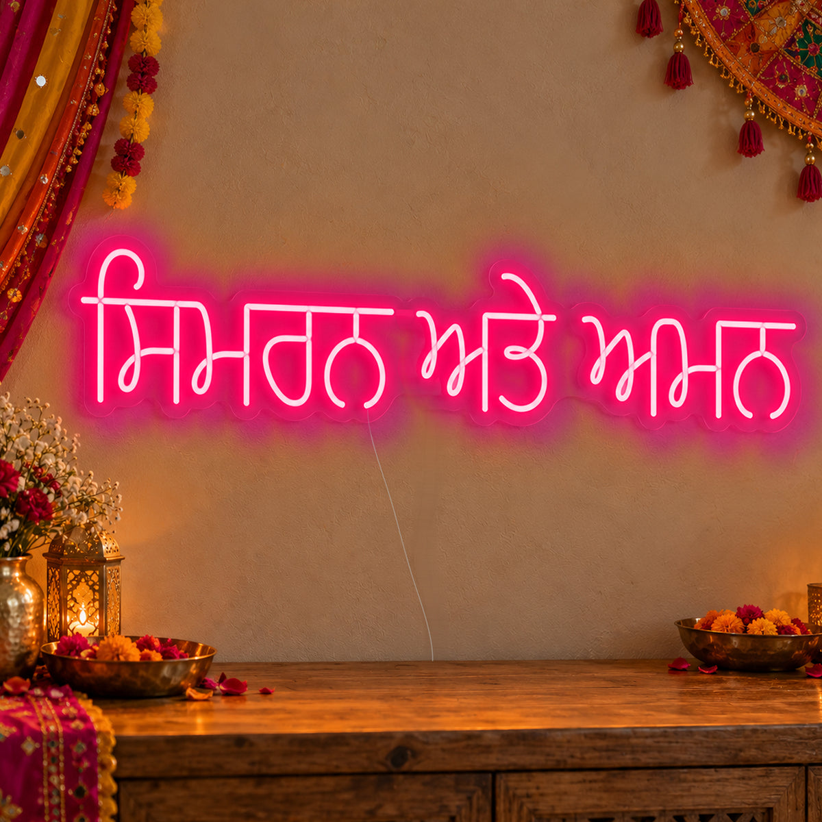 Personalised Punjabi Couple Names Neon Sign in rose red LED neon on clear acrylic, angled view