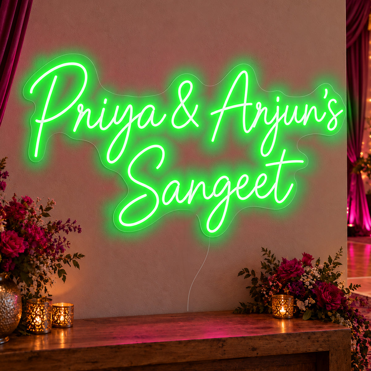 Personalised Sangeet Neon Sign in green LED neon on clear acrylic, angled view