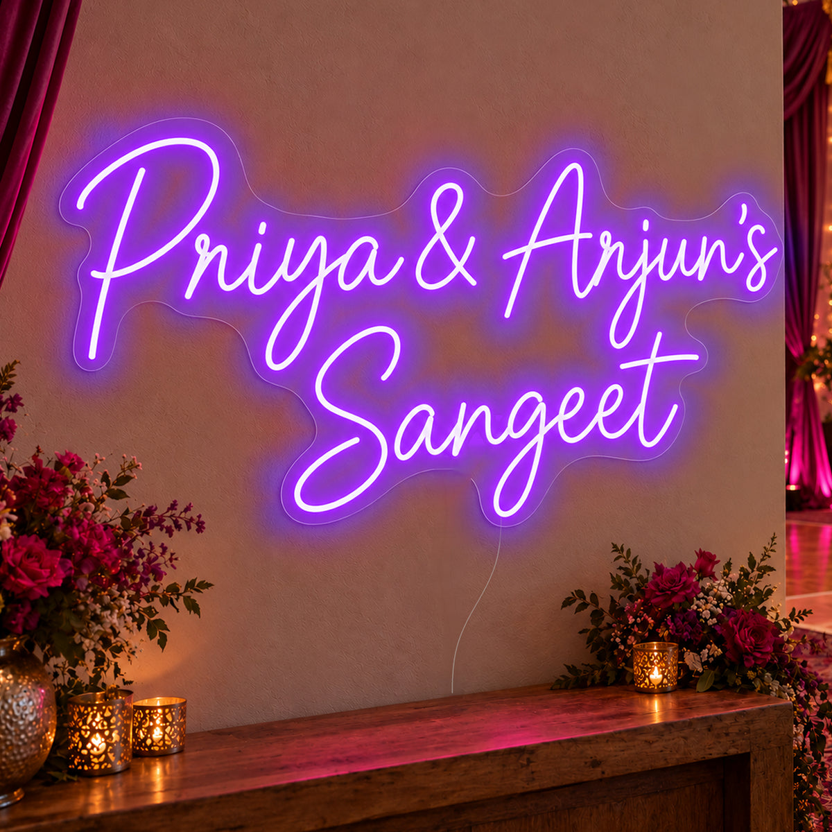 Personalised Sangeet Neon Sign in purple LED neon on clear acrylic, angled view