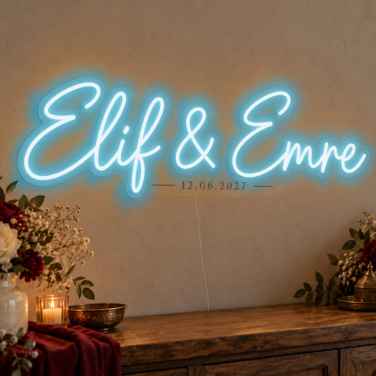 Personalised Turkish Names Date Neon Sign in ice blue LED neon on clear acrylic, angled view