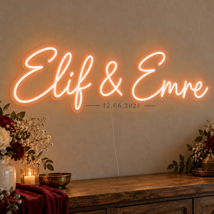 Personalised Turkish Names Date Neon Sign in orange LED neon on clear acrylic, angled view
