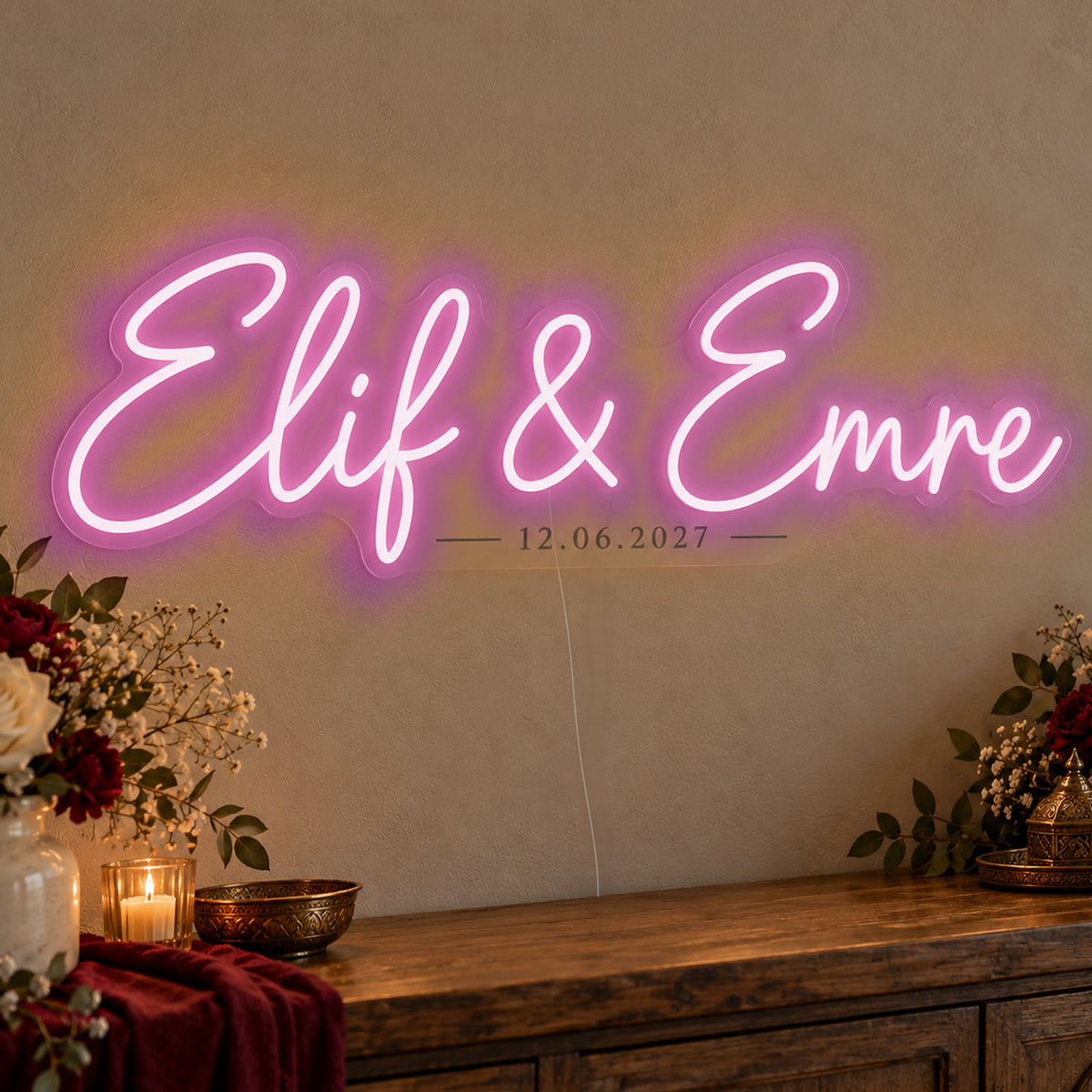 Personalised Turkish Names Date Neon Sign in pink LED neon on clear acrylic, angled view