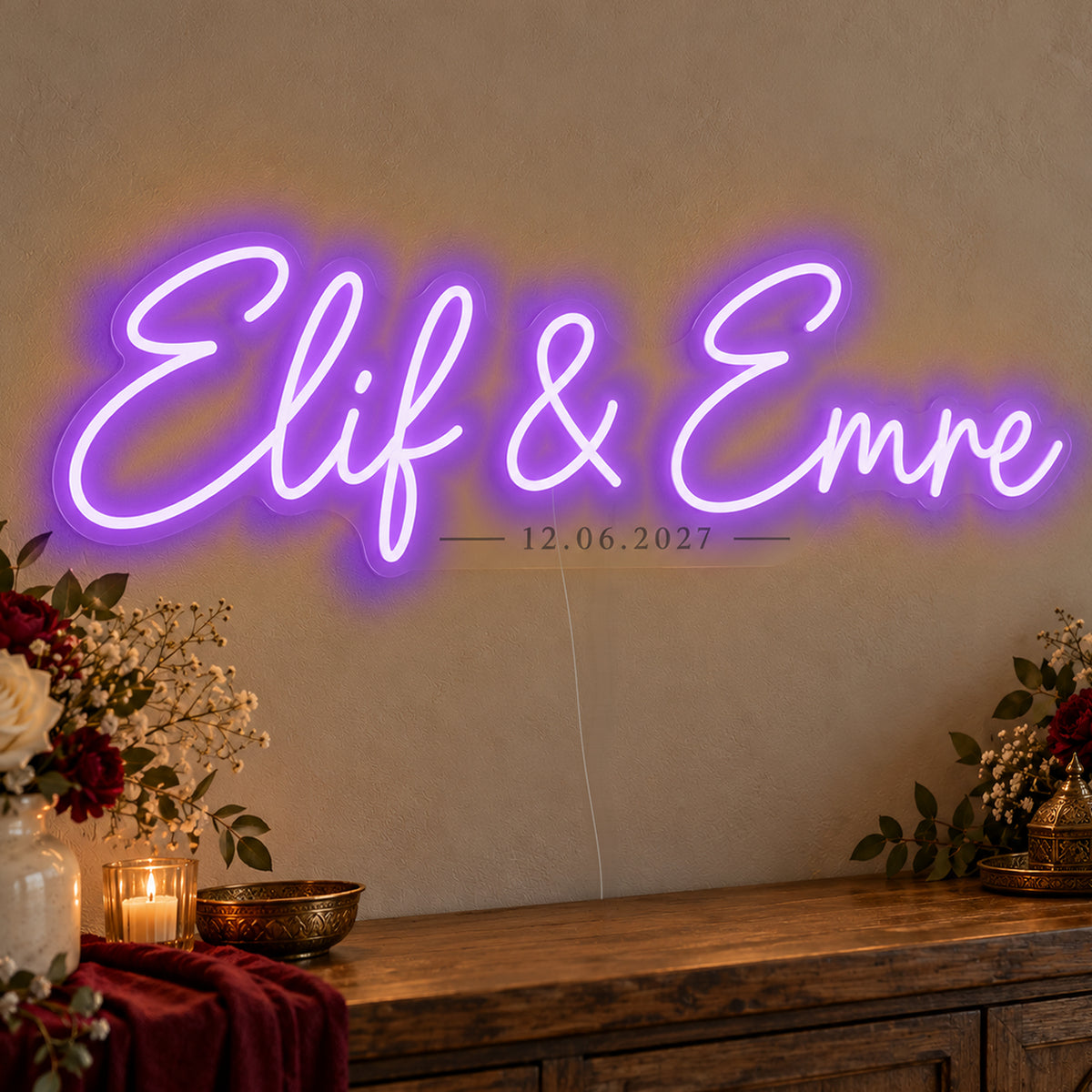 Personalised Turkish Names Date Neon Sign in purple LED neon on clear acrylic, angled view