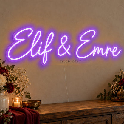 Personalised Turkish Names Date Neon Sign in purple LED neon on clear acrylic, angled view