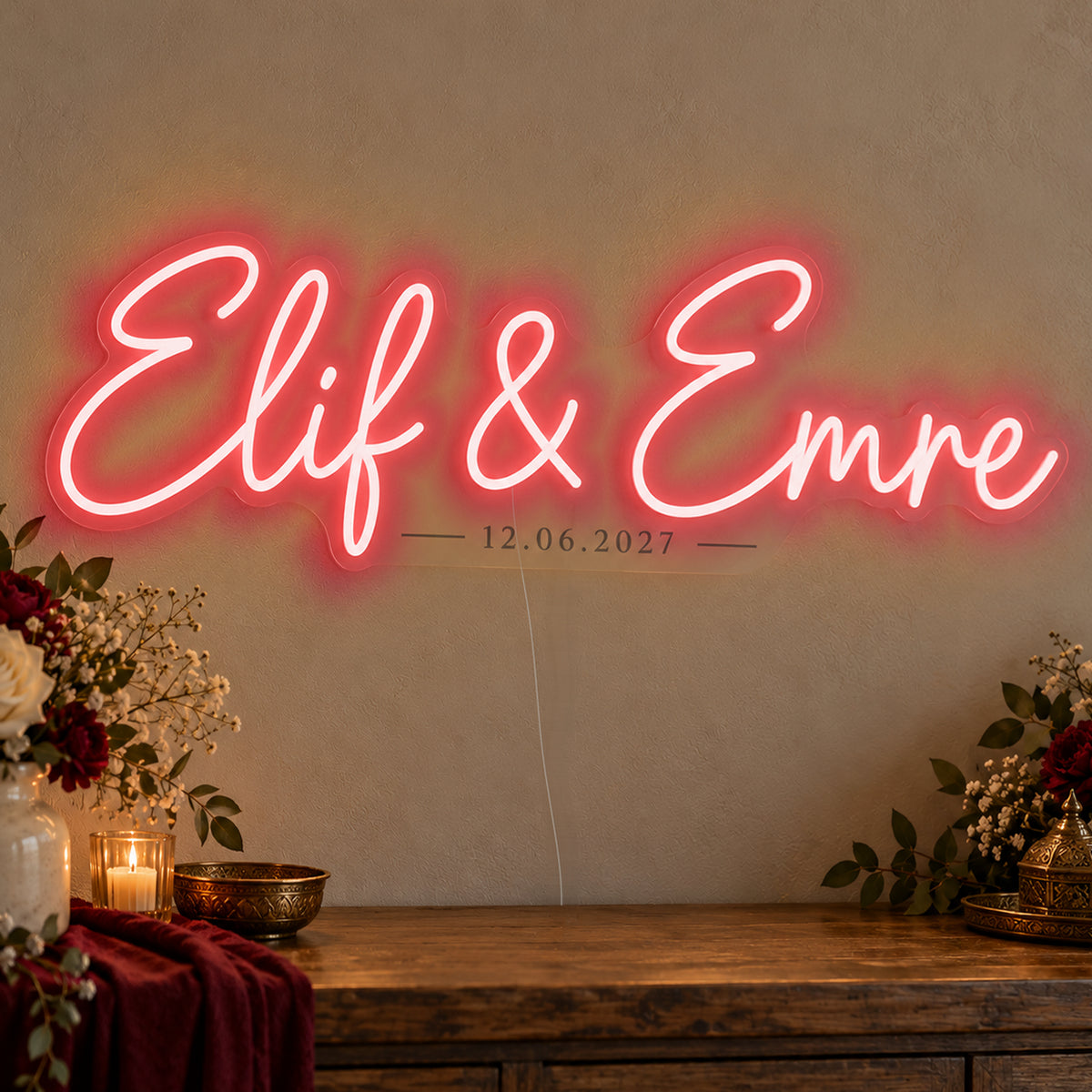 Personalised Turkish Names Date Neon Sign in red LED neon on clear acrylic, angled view