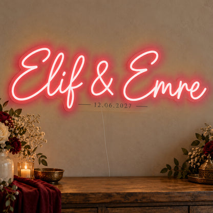 Personalised Turkish Names Date Neon Sign in red LED neon on clear acrylic, angled view