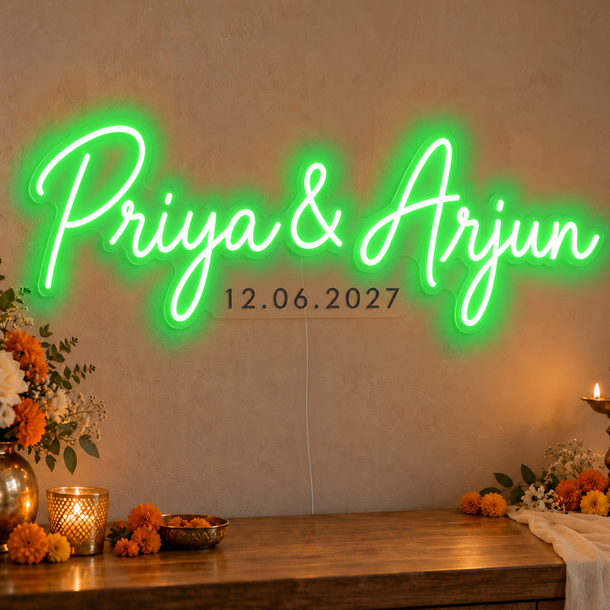 Personalised Wedding Date Neon Sign in green LED neon on clear acrylic, angled view