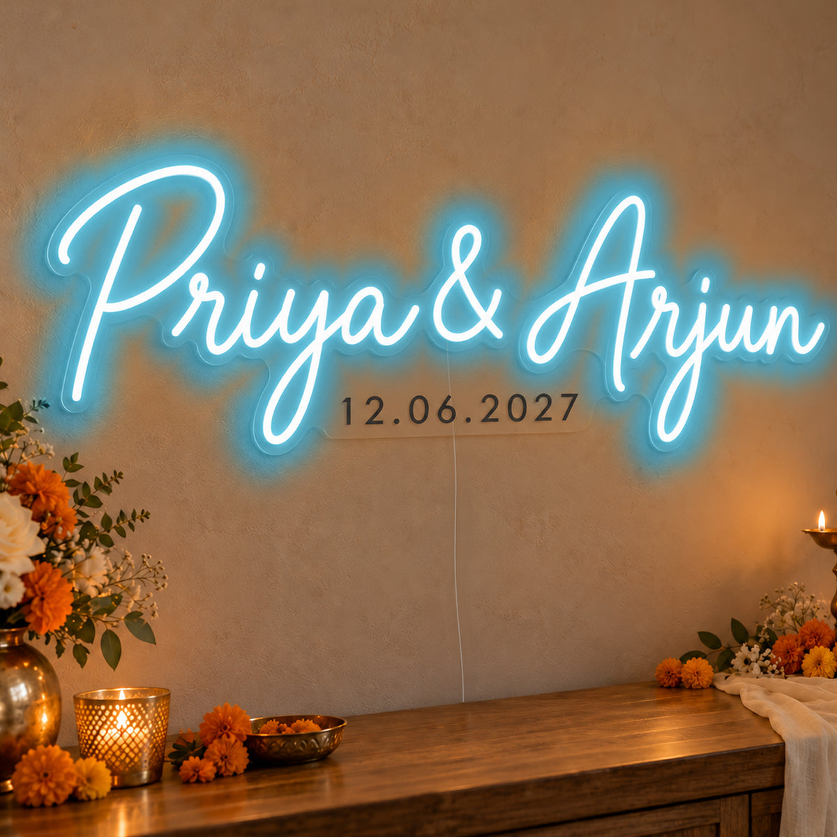 Personalised Wedding Date Neon Sign in ice blue LED neon on clear acrylic, angled view