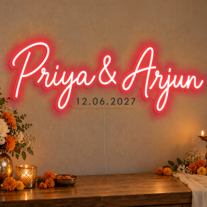 Personalised Wedding Date Neon Sign in red LED neon on clear acrylic, angled view