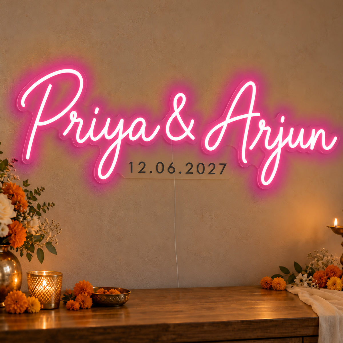 Personalised Wedding Date Neon Sign in rose red LED neon on clear acrylic, angled view
