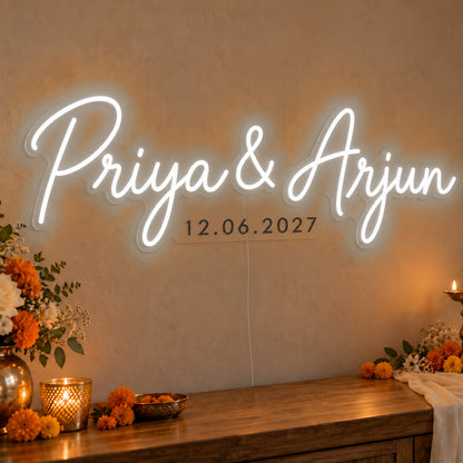 Personalised Wedding Date Neon Sign in white LED neon on clear acrylic, angled view