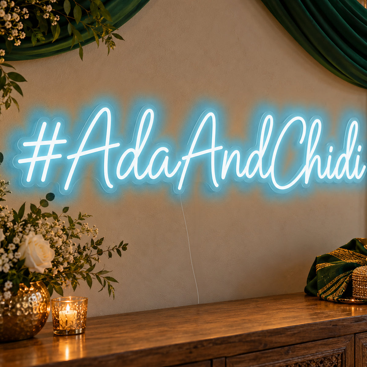 Personalised Wedding Hashtag Neon Sign in ice blue LED neon on clear acrylic, angled view