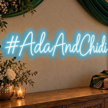Personalised Wedding Hashtag Neon Sign in ice blue LED neon on clear acrylic, angled view