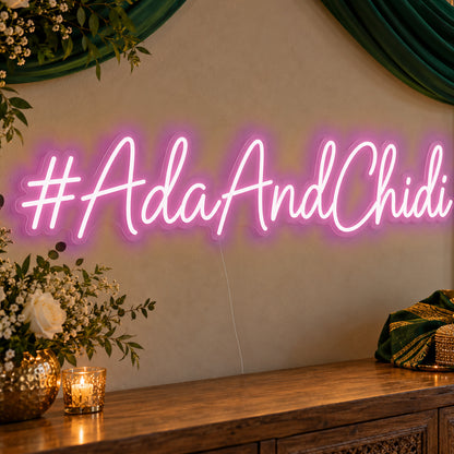Personalised Wedding Hashtag Neon Sign in pink LED neon on clear acrylic, angled view