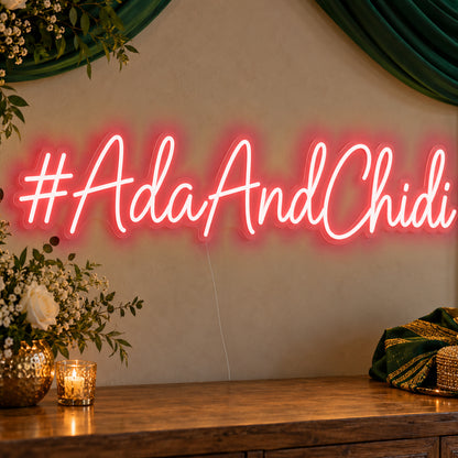 Personalised Wedding Hashtag Neon Sign in red LED neon on clear acrylic, angled view