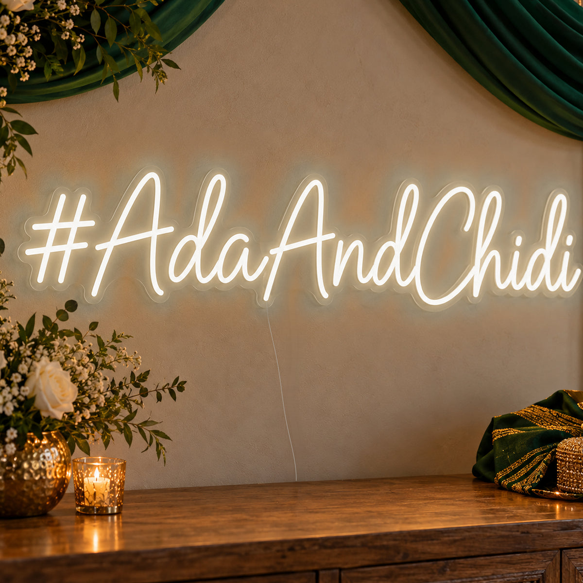 Personalised Wedding Hashtag Neon Sign in warm white LED neon on clear acrylic, angled view