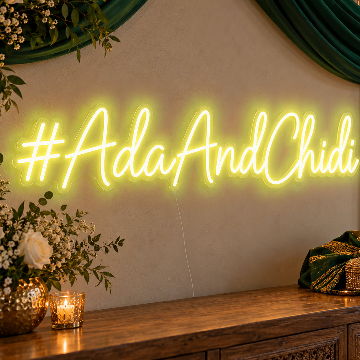Personalised Wedding Hashtag Neon Sign in yellow LED neon on clear acrylic, angled view