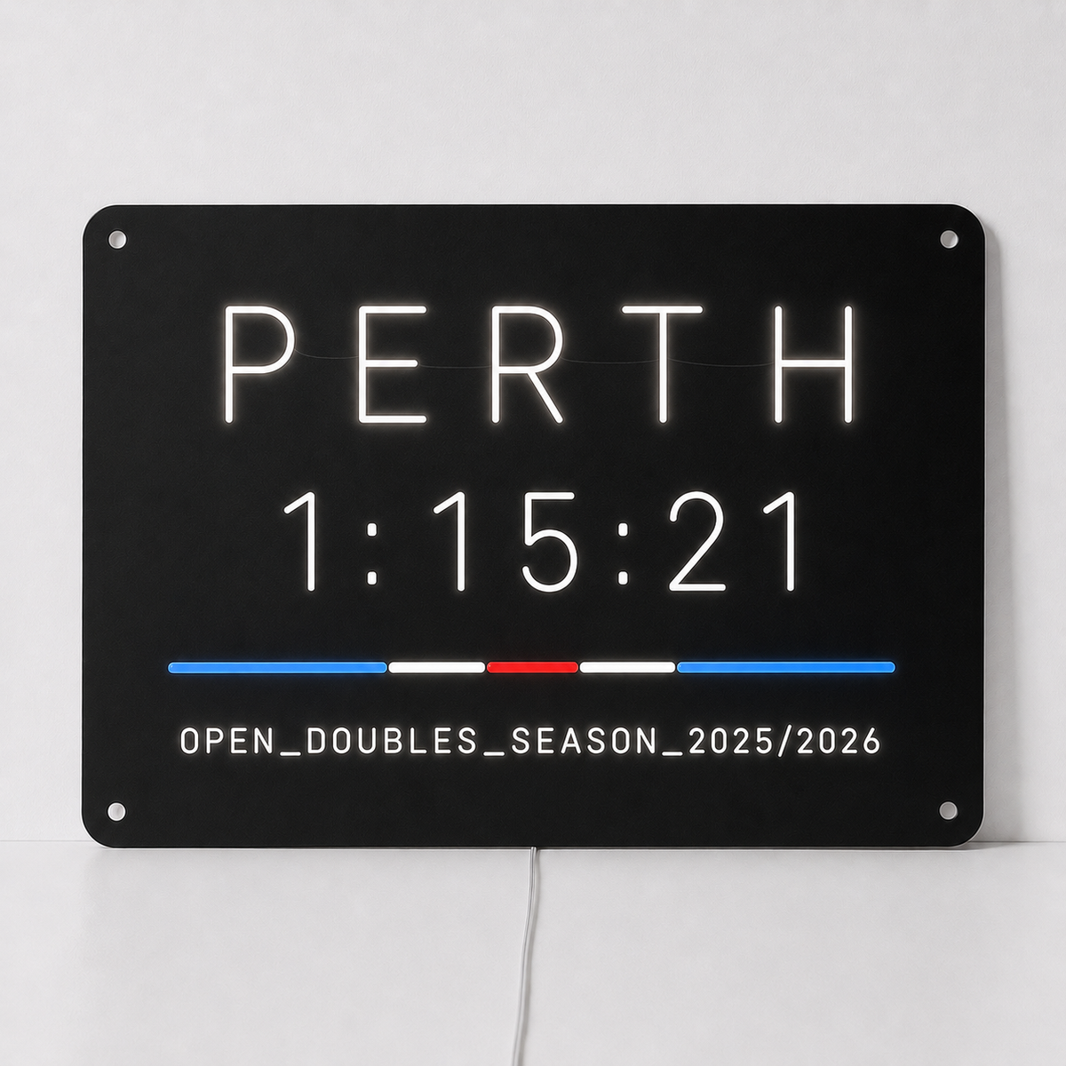 Perth hybrid race finish time LED neon sign in white neon on a black acrylic panel, with a personalised finish time and division and season line