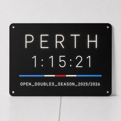 Custom hybrid race finish time LED neon sign shown with Perth, a personalised finish time and a division and season line in white neon on black acrylic