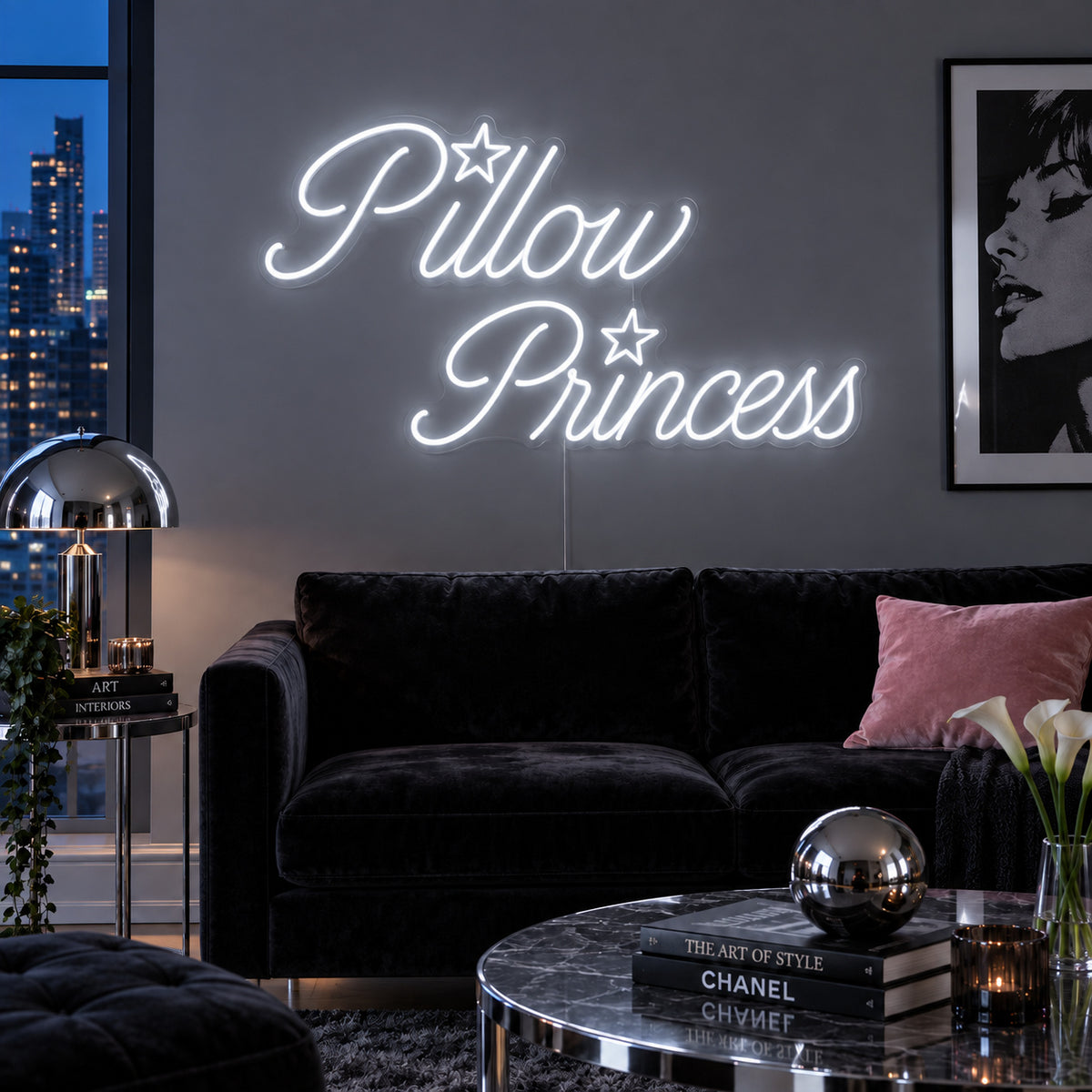 Pillow Princess Neon Sign, RGB colour-changing option shown in white with star details above a dark purple sofa.